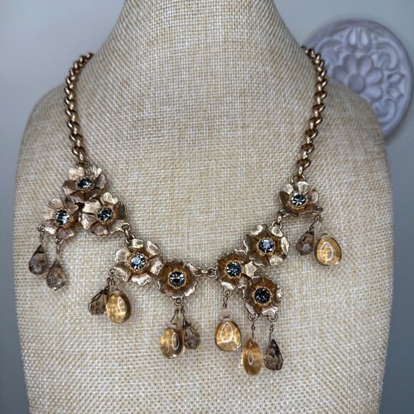 J.Crew Crystal Midnight Floral Statement Necklace Gold-Tone With Gemstone Drops - Picture 6 of 10